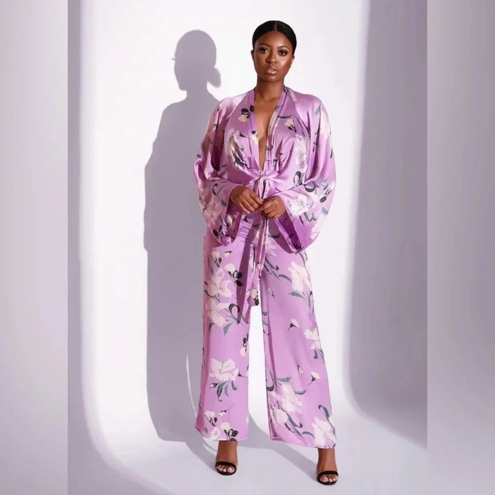 Floral Satin Tie-Waist Jumpsuit in Lilac